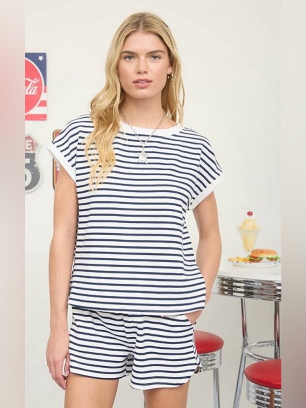Belle & Beau Striped Lounge Set 2 Piece Shorts Set Black White Ribbed Small